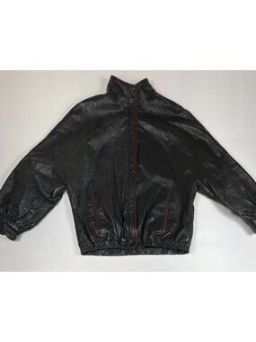 Vintage Men 10 Genuine Black Leather Bomber Jacket Brown Trim L